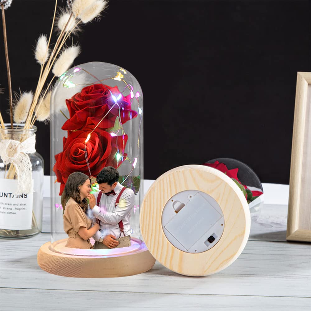 Custom Photo Text Red Silk Eternal Rose in Glass Dome with LED Light & Wood Base - Valentine's Day Home Decor, Anniversary Gift for Wife, Romantic Preserved Flower for Wedding, Proposal & Special Occasions