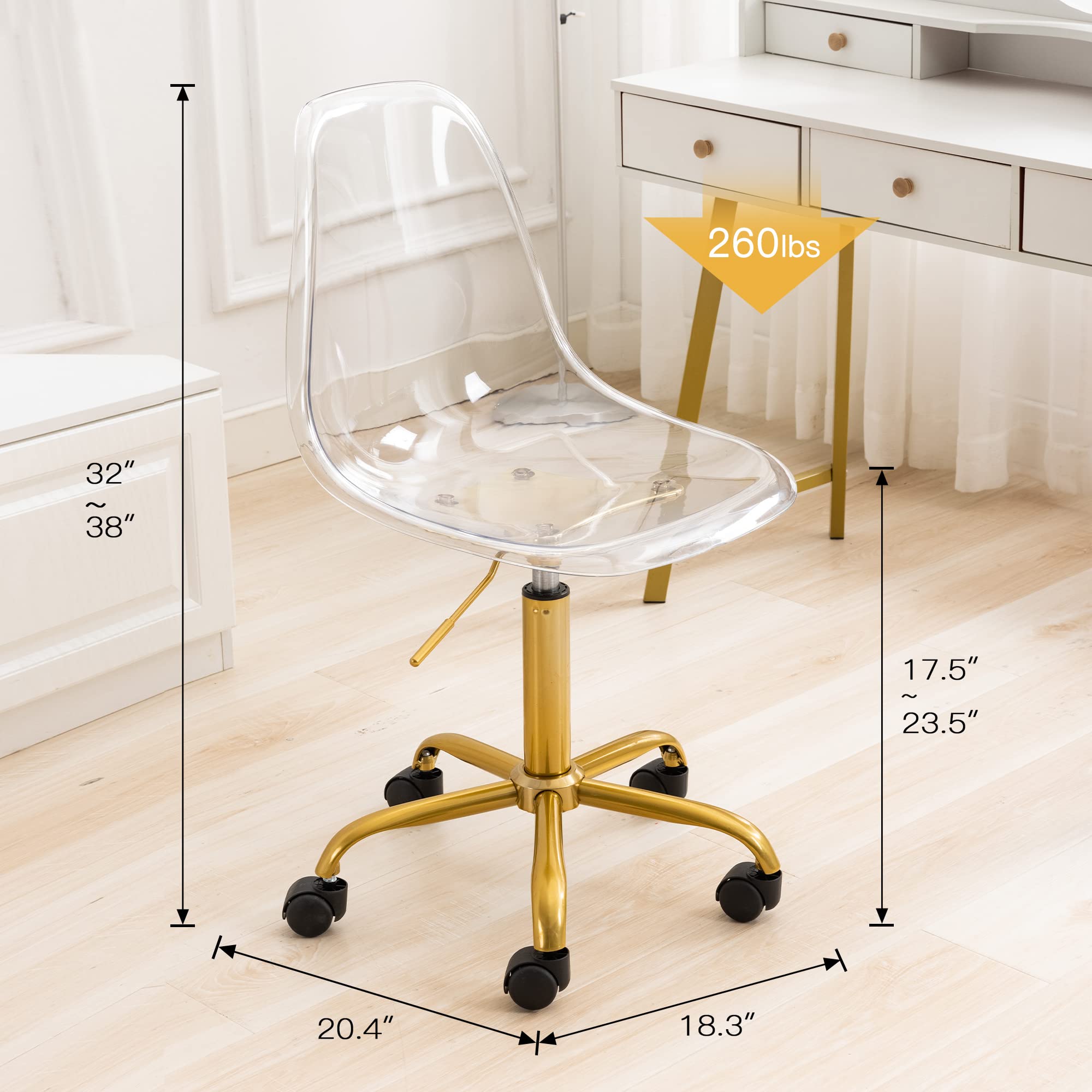 Modern Clear Acrylic Rolling Desk Chair - Adjustable Height Armless Office Chair with Wheels for Home, Vanity, or Workspace | Small Plastic Ghost Chair for Stylish & Functional Seating