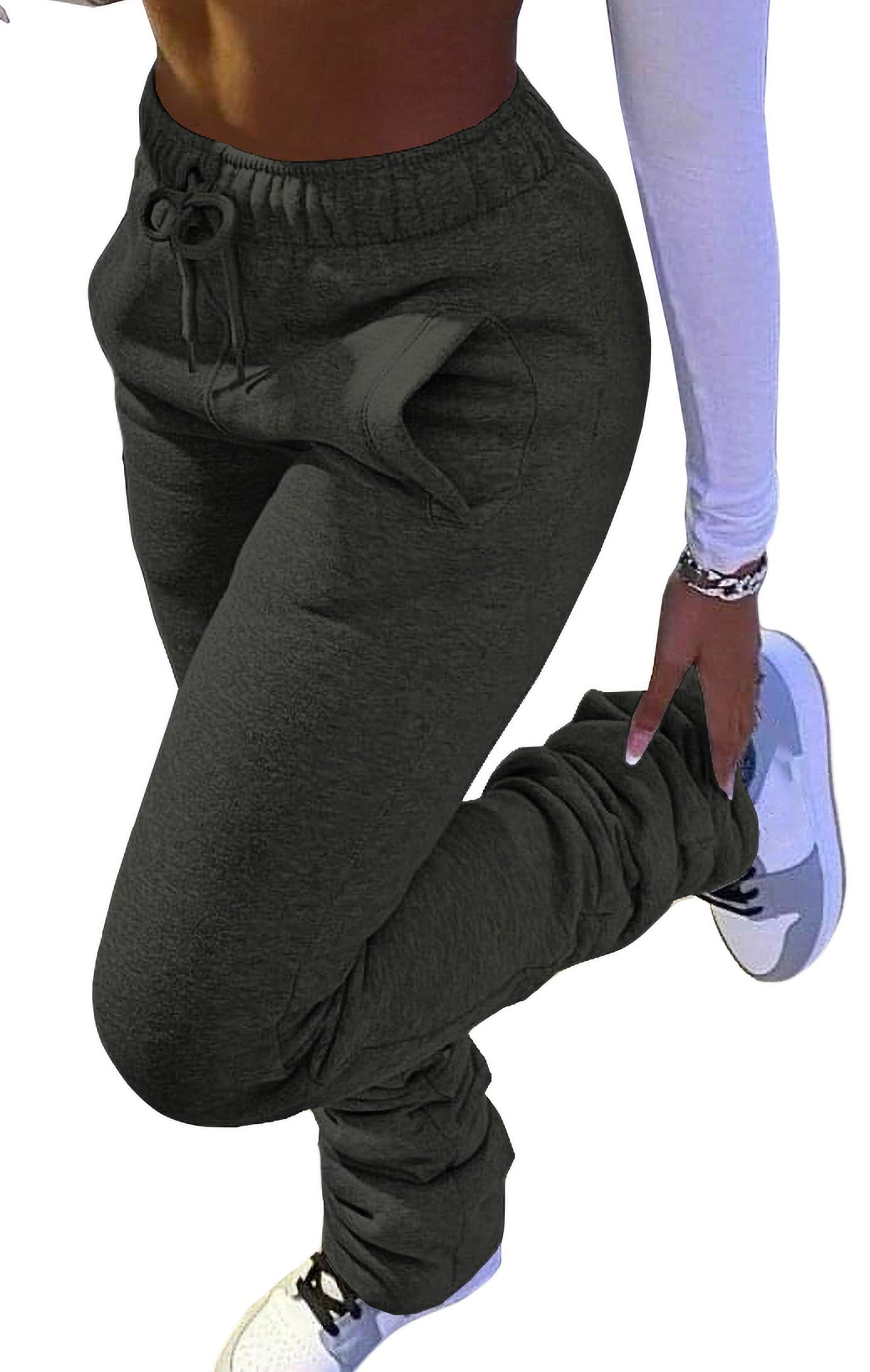 HuiSiFang Women's Fleece-Lined High-Waisted Jogger Pants - Warm Thick Stacked Sweatpants for Yoga, Workout & Casual Wear - Soft Ruched Active Joggers for Running, Lounging & Winter Comfort