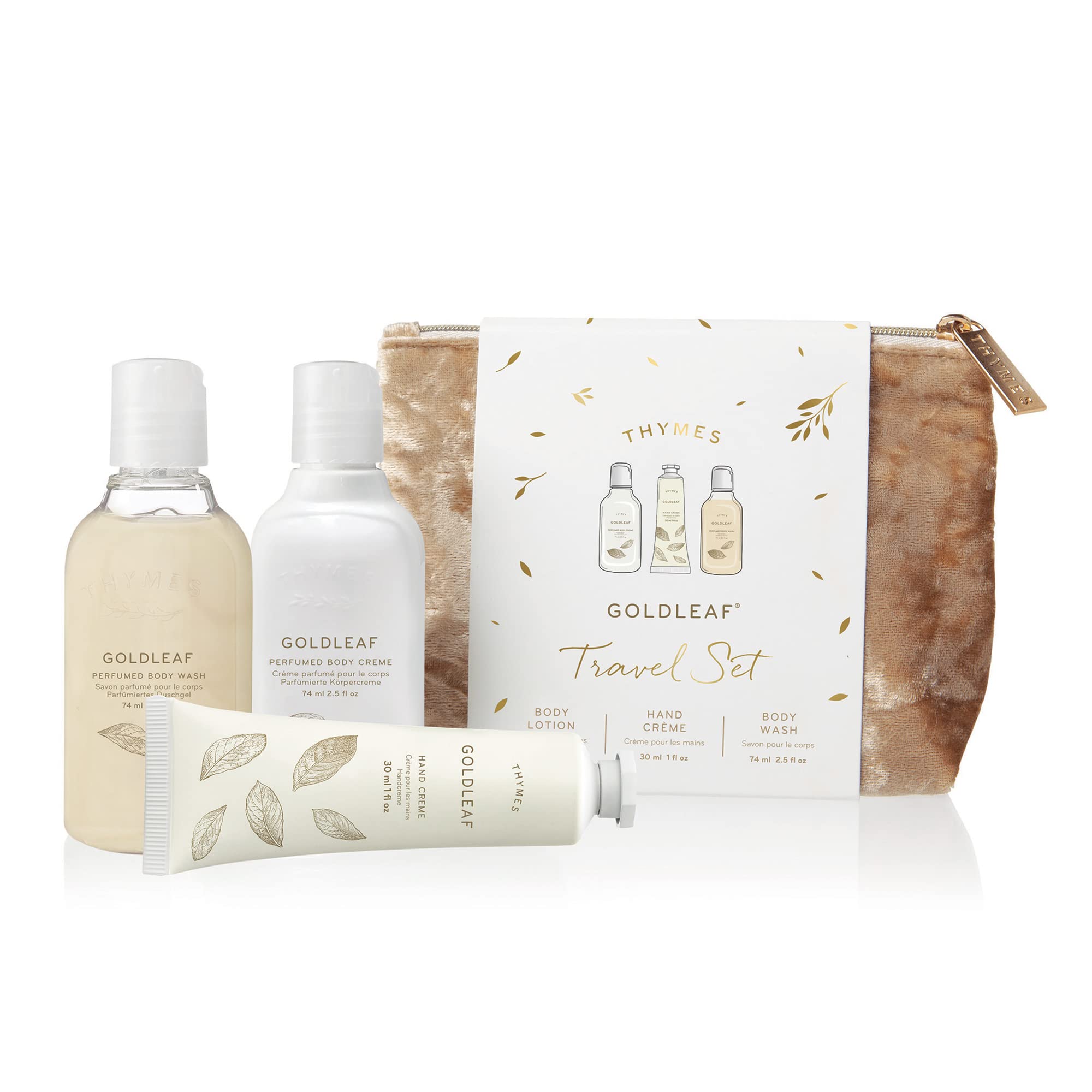 Thymes Goldleaf Perfumed Travel Set with Body Wash, Lotion & Hand Cream | Luxury Beauty Gift Set for Women | Perfect for Vacation, Spa Days & On-the-Go Pampering