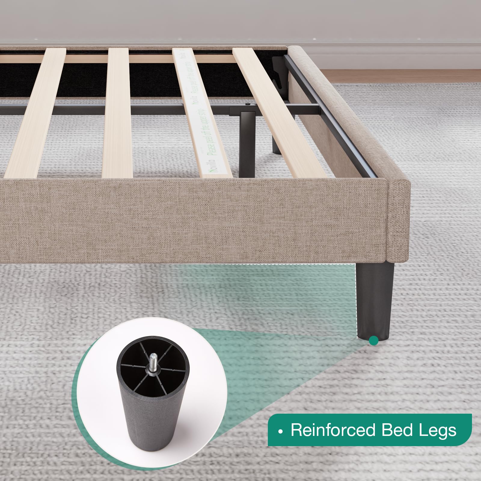 Novilla Queen Size Bed Frame with Upholstered Headboard - Wood Slat Support, No Box Spring Needed, Heavy Duty Metal Feet, Easy Assembly, Beige Fabric - Perfect for Master Bedroom, Guest Room & Apartment