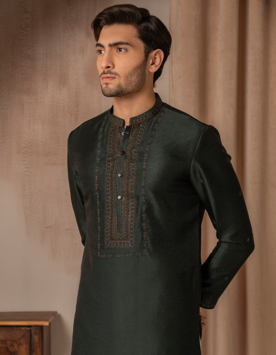 Blended Emerald Green Special Kurta by J. Junaid Jamshed - Elegant Pakistani Traditional Wear for Festivals, Weddings & Special Occasions