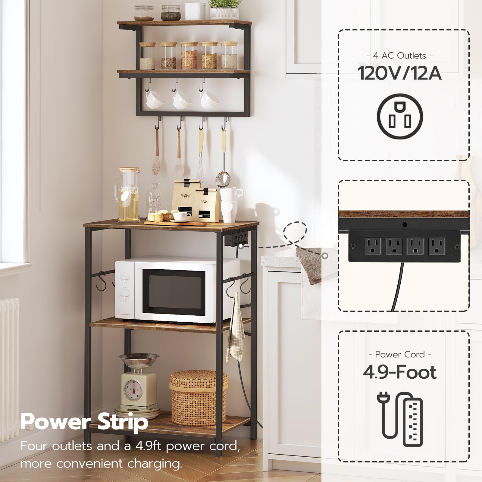 HOOBRO Rustic Brown Bakers Rack with Power Outlets - Freestanding Kitchen Storage Shelf with Floating Shelves & 11 S-Hooks - Perfect Coffee Bar Station & Microwave Stand for Kitchen, Living Room, Dining Area - Model BF11UHB01