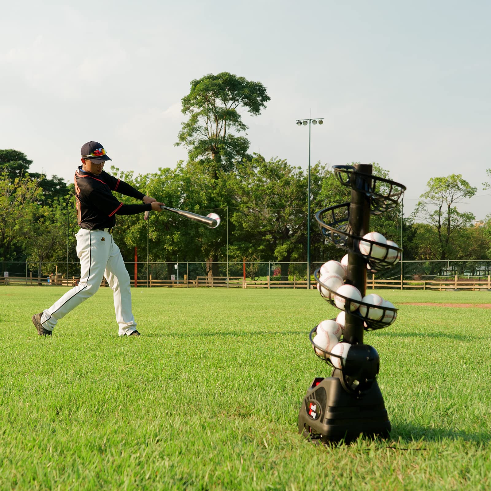 698BH Multi-Sport Ball Toss Machine - Baseball & Tennis Training Equipment with Battery/AC Power, Adjustable Ball Chute & Includes Practice Balls - Perfect for Solo Practice, Kids & Beginners (Backyard, Field, Court Training)