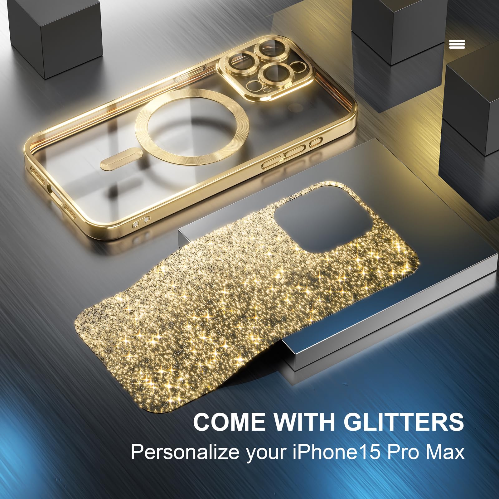 Misea Magnetic iPhone 15 Pro Max Case with MagSafe Compatibility | Military-Grade Drop Protection & Full Camera Lens Cover | Glitter Soft Phone Case for Women & Girls (Gold) | Perfect for Everyday Use, Travel & Outdoor Activities
