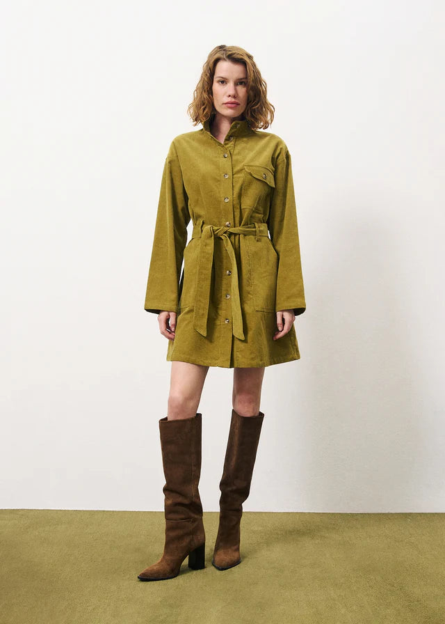 Cloelia Women's Olive Corduroy Mini Dress - Stylish & Comfortable for Casual Outings, Dates, and Fall Fashion
