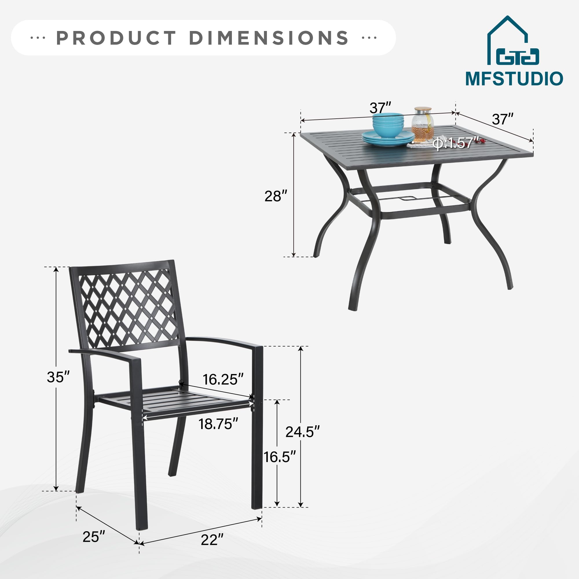 MFSTUDIO 4-Piece Black Metal Patio Dining Set with Square Table & Stackable Chairs - Outdoor Furniture for Deck, Backyard, Garden - Perfect for Family Gatherings & BBQ Parties