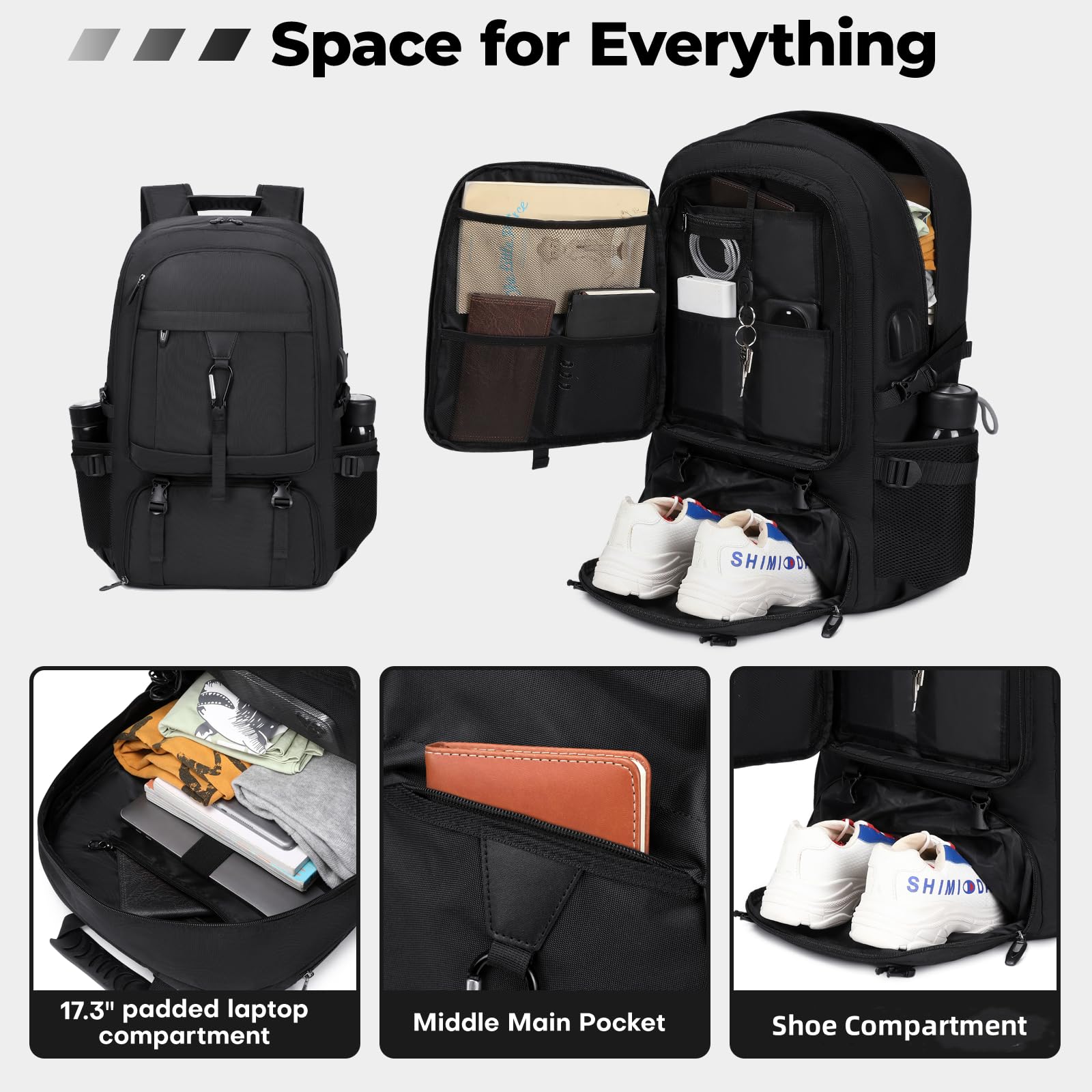 17.3 Inch Large Gym Backpack with Shoe Compartment - 50L Travel Backpack with Multiple Compartments, USB Charging Port & Anti-Theft Design - Airline Approved Carry-On Backpack for Men & Women - Perfect for Gym, Travel, Work & Business Trips
