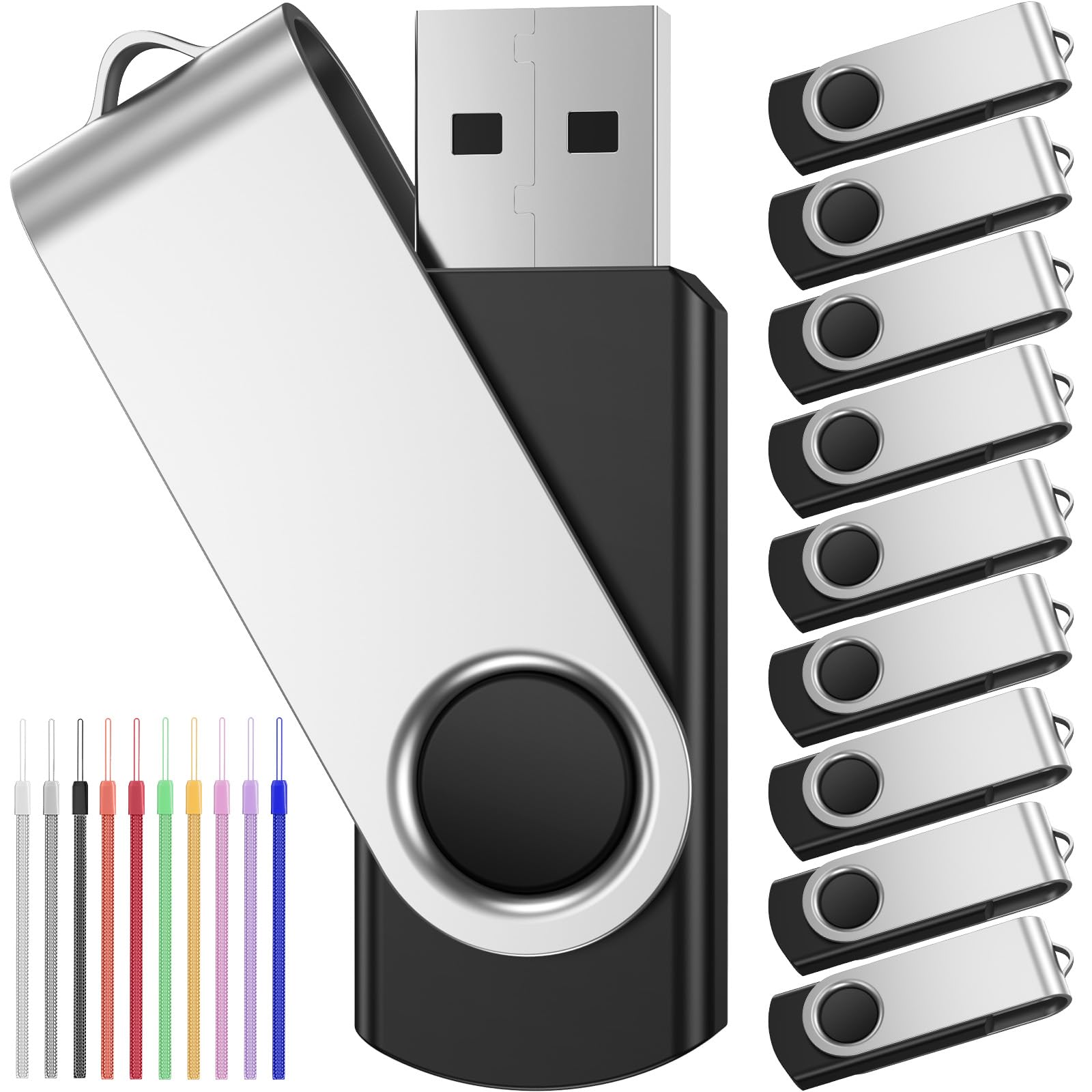 16GB USB Flash Drive Bulk Pack of 10 - High-Speed USB 2.0 Memory Sticks with Swivel Design & 10 Multicolor Lanyards | Portable Data Storage for Office, School, Events & Digital Marketing | FEBNISCTE