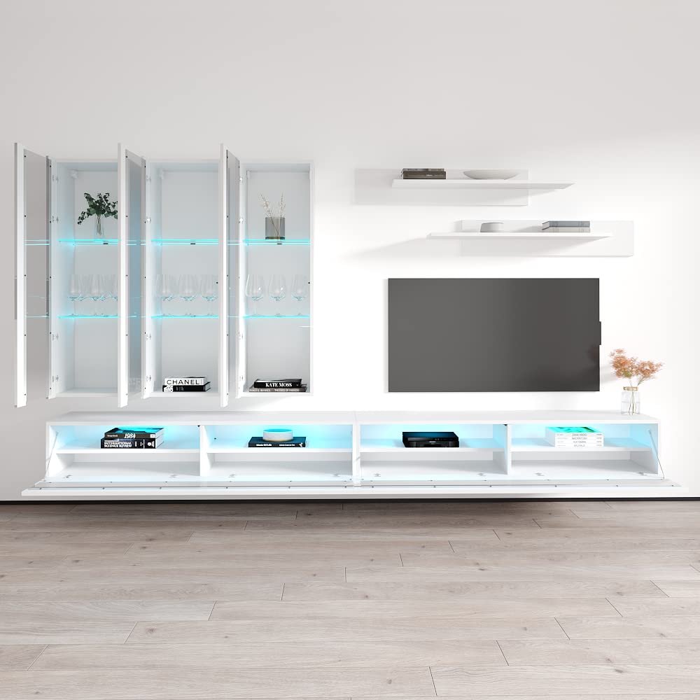 Modern Floating TV Stand with Storage & LED Lights - Wall Mounted Entertainment Center for Bedroom & Living Room - 35 Inch TV Console with Shelves - White - Perfect for Small Spaces & Home Theater Setup