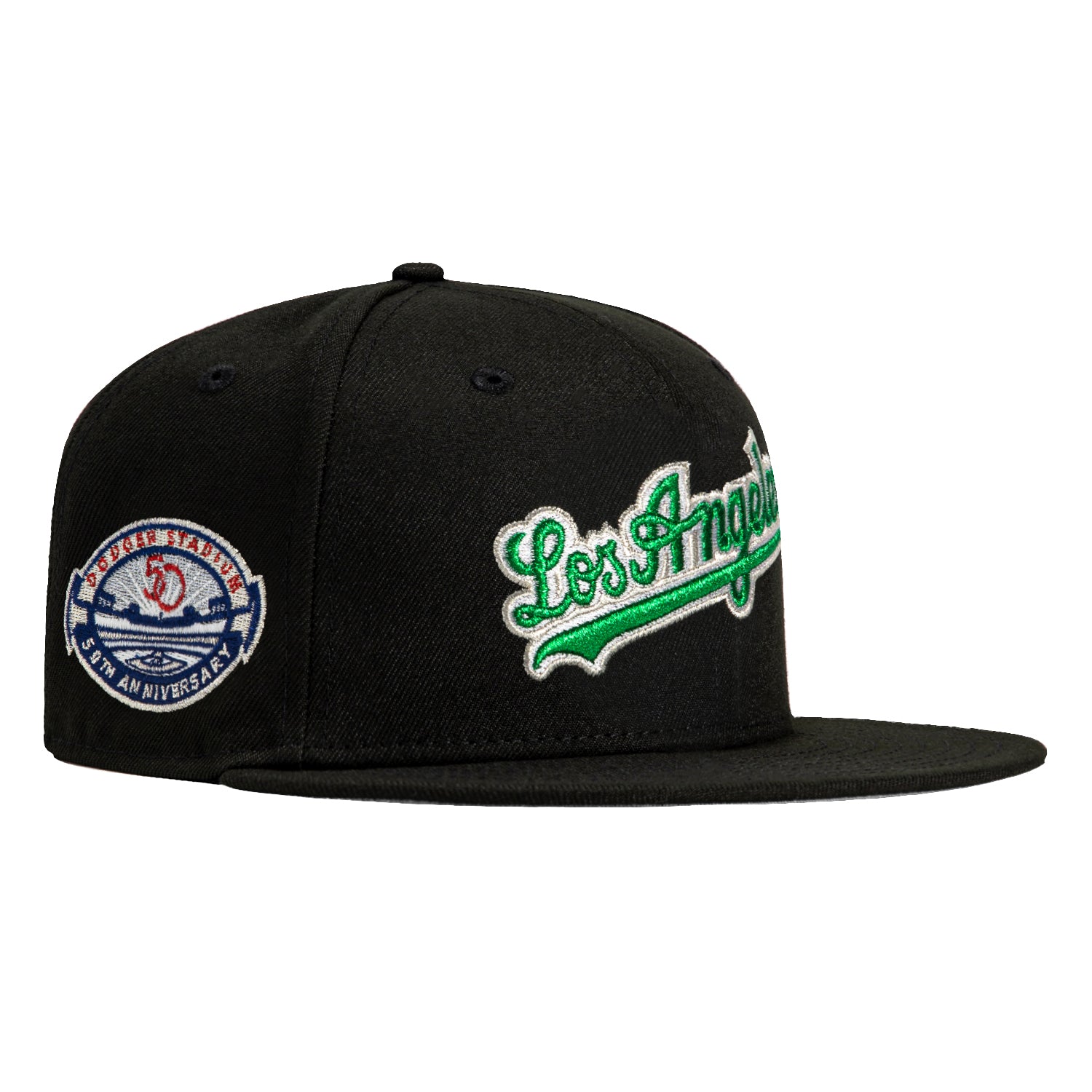 New Era 59Fifty Los Angeles Dodgers 50th Anniversary Snapback Hat with Stadium Patch - Black/Kelly Green/Metallic Silver - Official MLB Baseball Cap for Fans & Streetwear Fashion