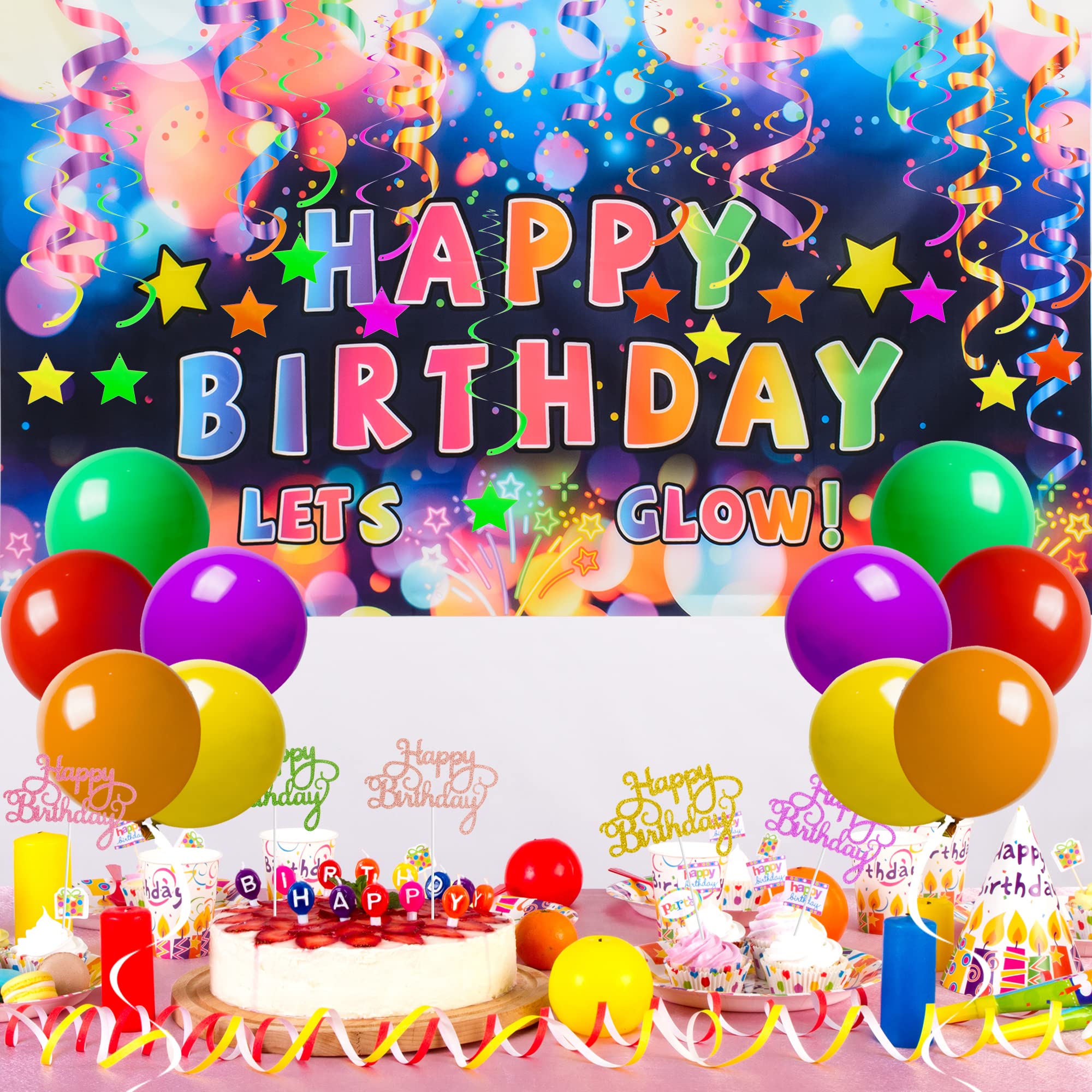 Peirich Glow in the Dark Birthday Party Decorations Kit - Includes LED Party Banner, Happy Birthday Sign, Hanging Swirls, Cake Topper & Neon Balloons for Glow Party Favors & Nighttime Celebrations | Perfect for Kids Birthday, Neon Theme Parties & Dark Room Events