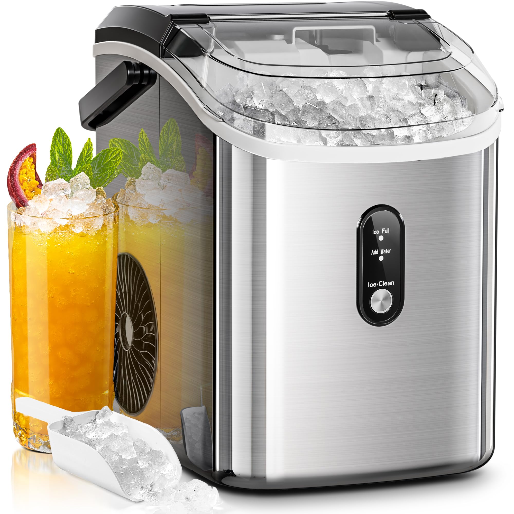 AGLUCKY Countertop Nugget Ice Maker - 35Lbs/24H Portable Pebble Ice Machine with Soft Chewable Ice, One-Click Operation & Self-Cleaning Function, Stainless Steel Silver - Perfect for Home, Kitchen, Office, Parties and Outdoor Activities