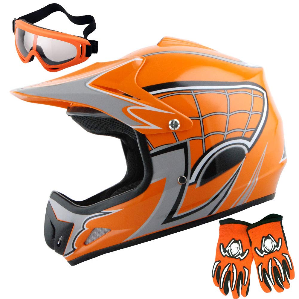 **WOW Youth Motocross Helmet MX BMX Bike Helmet with Spider Web Design - Includes Goggles & Martian Spider Black Gloves (HJOY-W MG Bundle) - Perfect for Kids' Dirt Bike, ATV & Off-Road Riding**