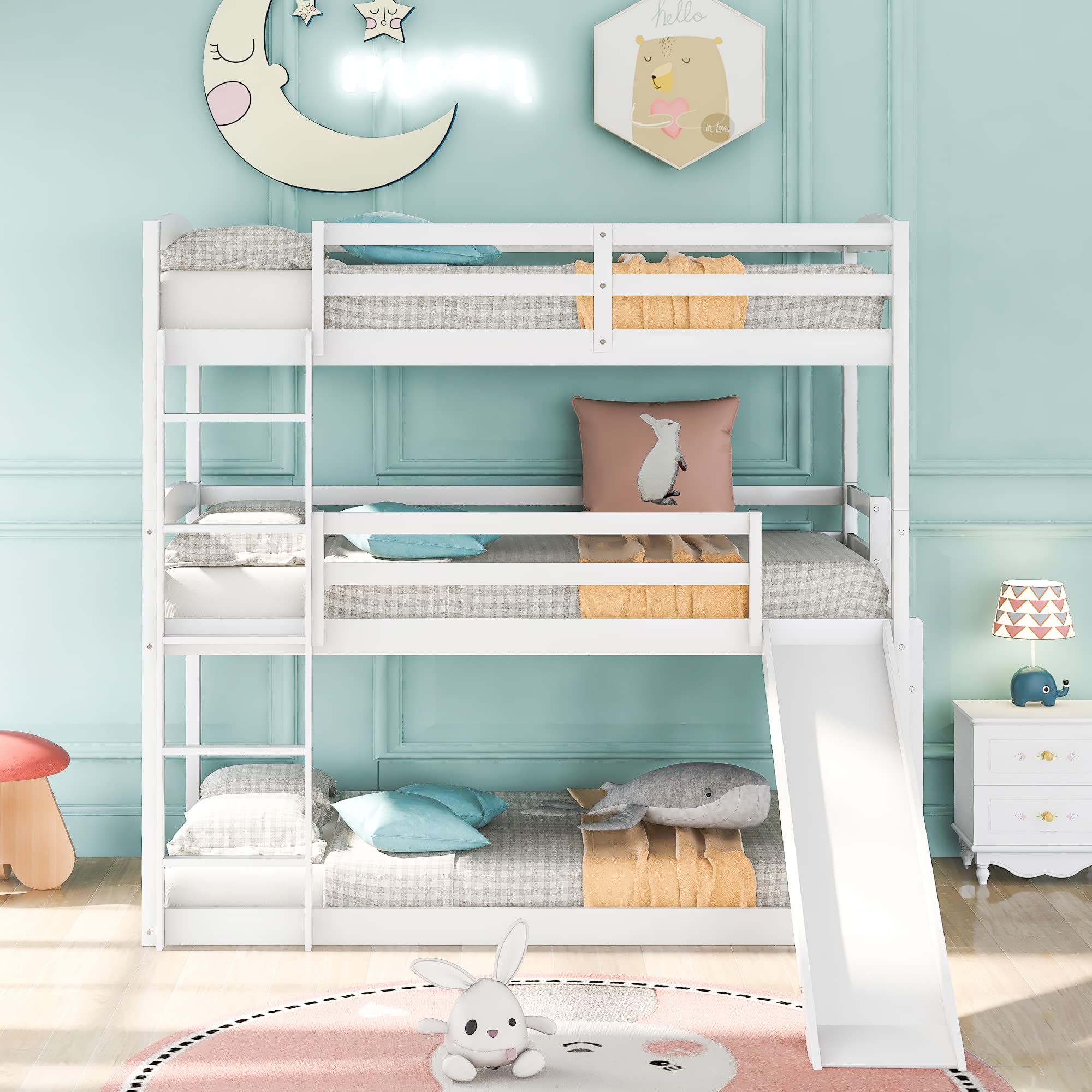 Triple Bunk Bed with Slide - Twin Over Twin Over Twin Wooden Bunk Beds for Kids, Teens & Family - Convertible to Separate Beds - Includes 2 Ladders - No Box Spring Needed - Perfect for Shared Bedrooms, Sleepovers & Small Spaces