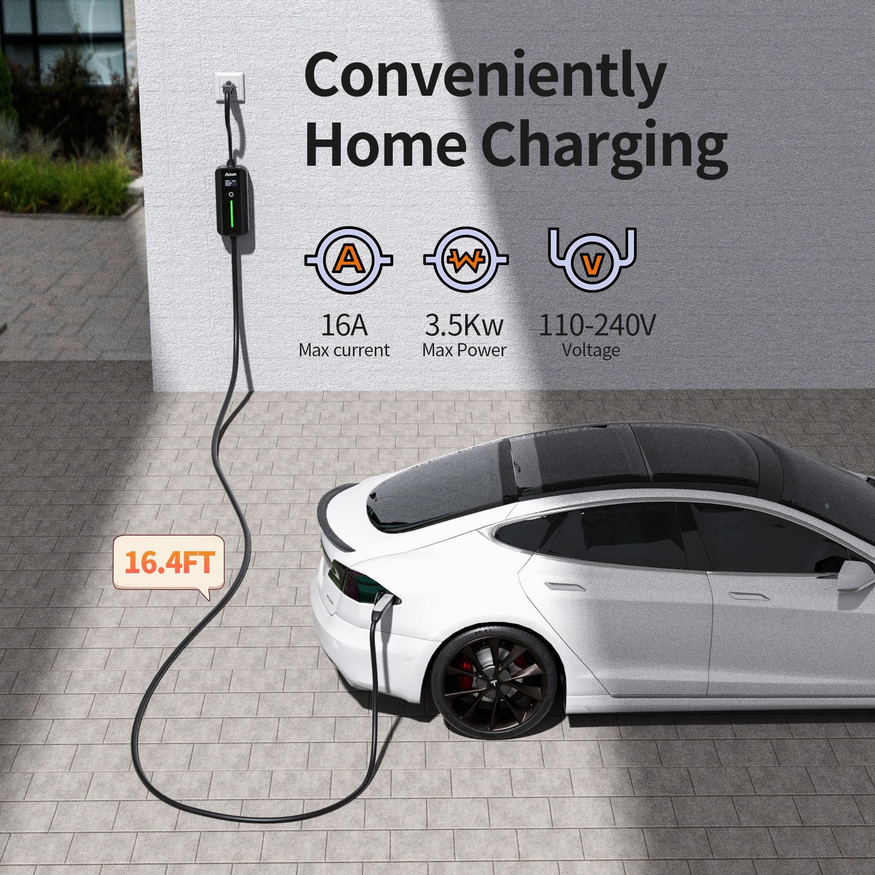 Alxum 16A Tesla Mobile Charger - Level 1 EV Charger (110V) Compatible with Tesla Models Y/3/S/X & Cybertruck | 16.4FT Cable with NEMA 5-15 Plug | Home & Travel Charging Solution