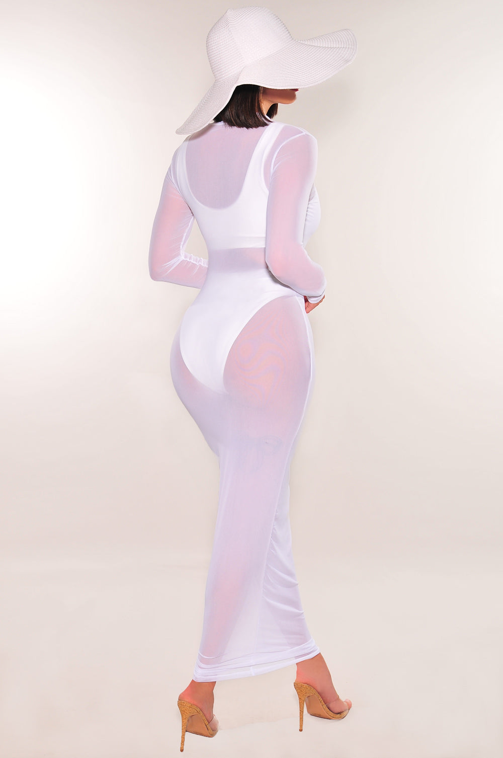 Elegant White Sheer Mesh Long Sleeve Cover Up Dress - Beach Wedding Party Wear, Summer Boho Maxi Dress for Women