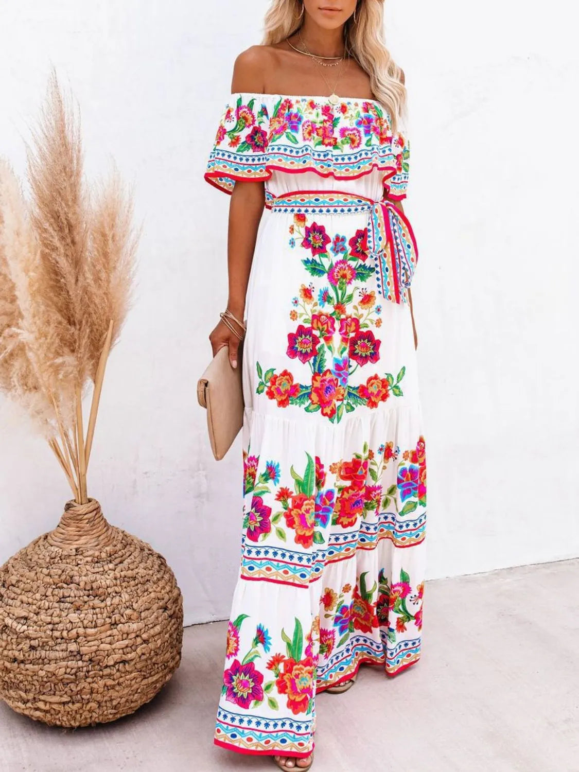 Floral Off Shoulder Ruffle Maxi Dress for Women - Beach Wedding Resort Party Wear - Perfect for Summer Vacations, Tropical Getaways & Boho Photoshoots