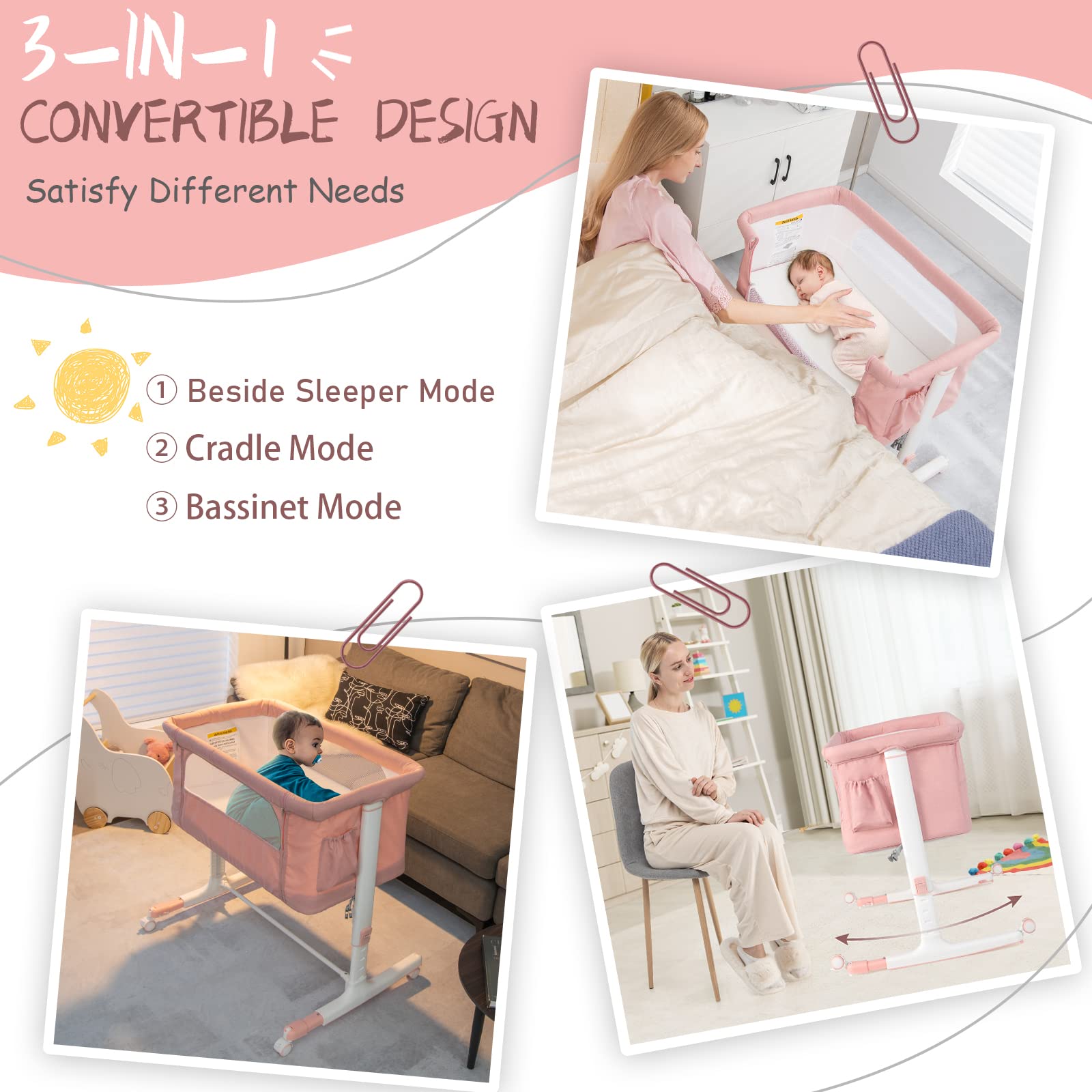 HONEY JOY 3-in-1 Portable Baby Bassinet Bedside Sleeper - Adjustable Height Folding Crib with Wheels, Mattress & Carry Bag for Newborns & Infants (Pink) | Perfect for Nursery, Bedside Co-Sleeping & Travel