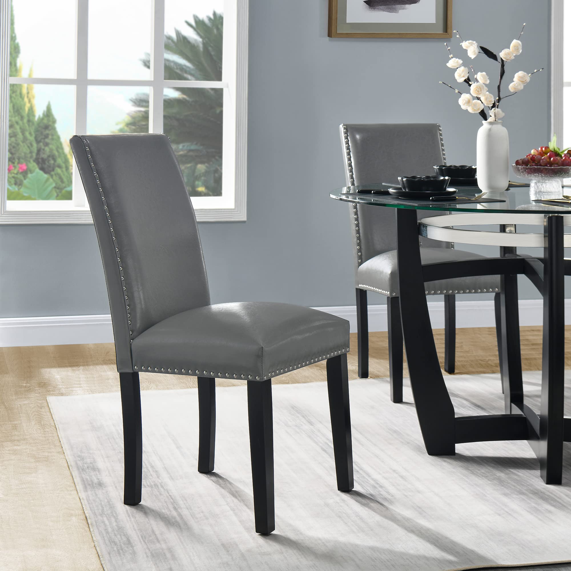 LEEMTORIG Set of 2 Upholstered Parsons Dining Chairs - Faux Leather Kitchen Side Chairs with Nail-Head Trim - Modern Space Grey Dining Room Chairs for Kitchen, Living Room, Bedroom, Cafe & Outdoor Lounge - Perfect for Home Decor & Guest Seating CY-1122-GY
