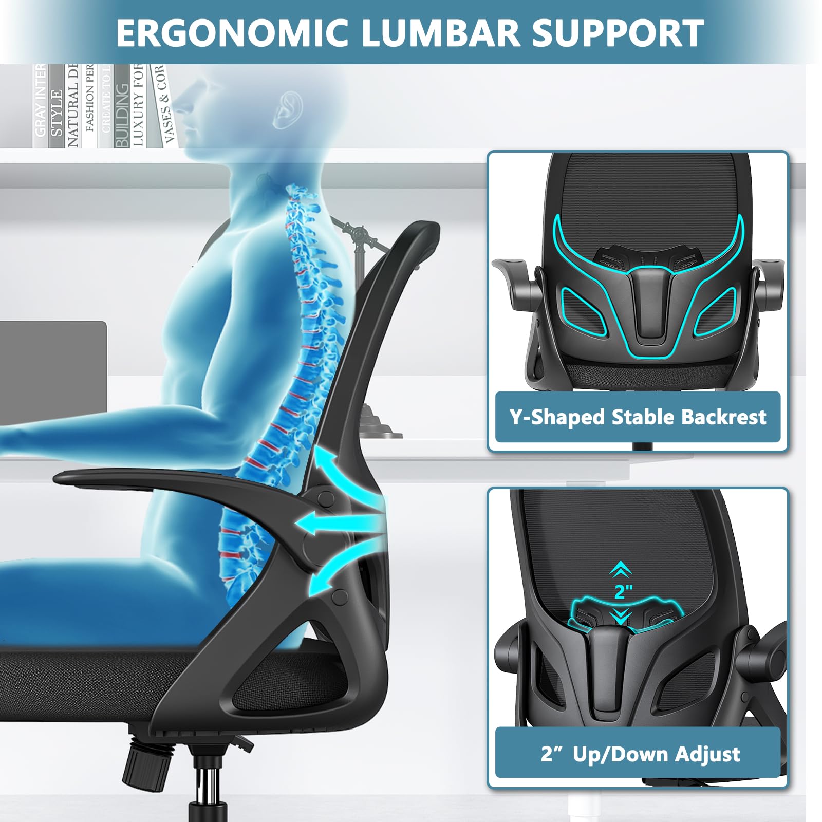 Ergonomic Home Office Chair with Lumbar Support & Breathable Mesh - Adjustable Flip-Up Arms, Modern Desk Chair for Work & Study - Perfect for Home Office, Gaming & Remote Work (Black)