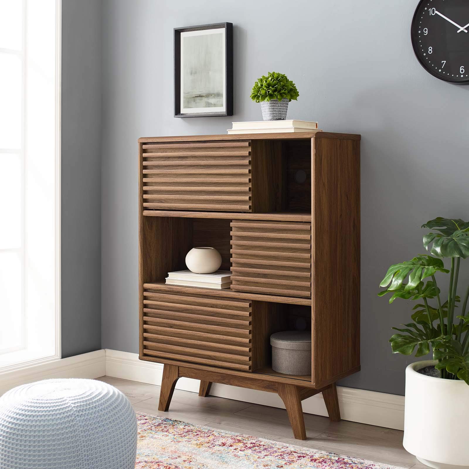 Modern Wooden Living Room Cabinet - Natural Walnut Brown Stand for Lounge, Club & Lobby - Stylish Storage Solution for Home & Office Decor