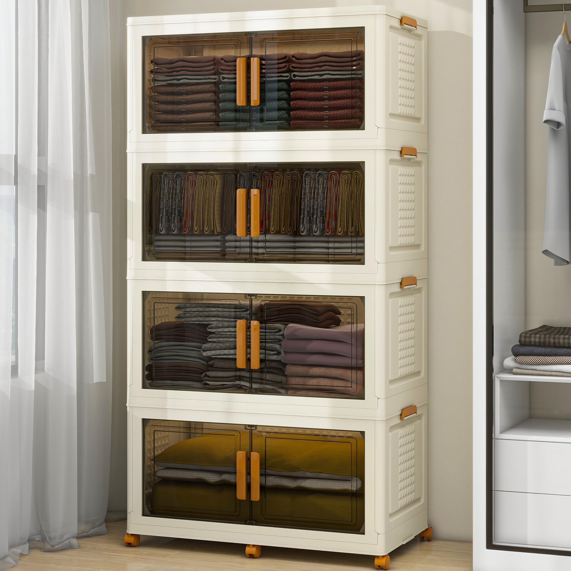 4-Tier Extra Large Stackable Storage Bins with Lids - 142 QT per Tier, Collapsible Plastic Storage Box with Wheels - Space-Saving Home Organization for Closet, Living Room, Office & Dorm - Perfect for Seasonal Clothes, Toys & Household Items Storage