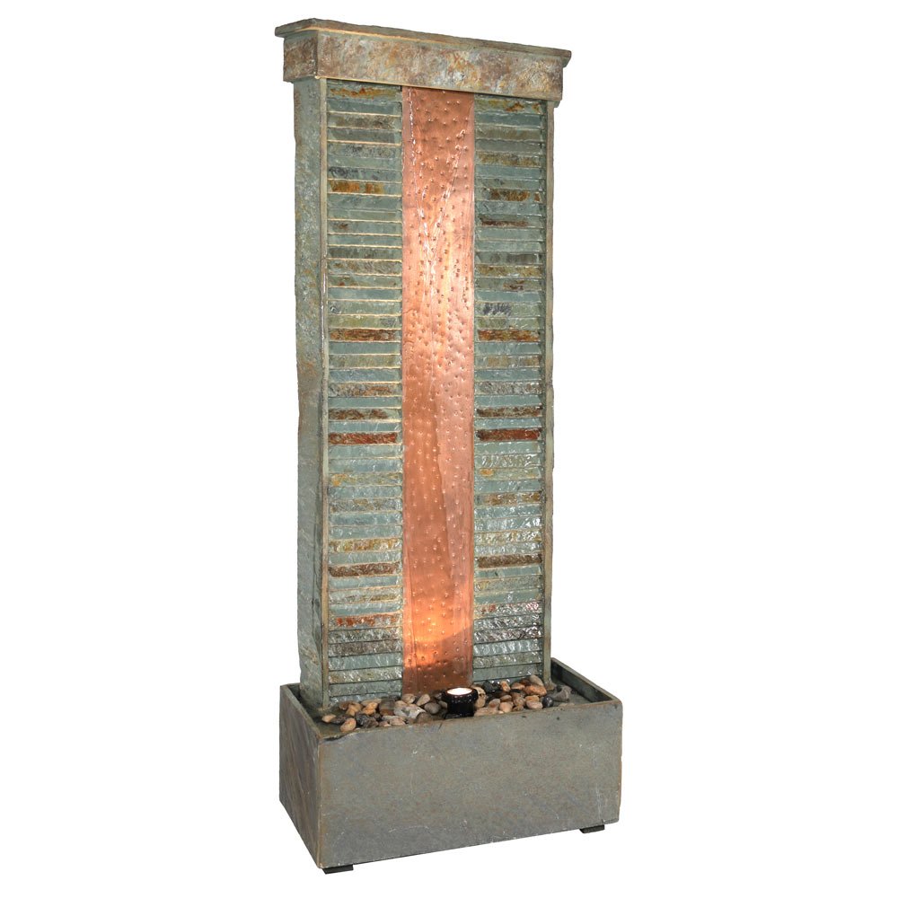 Sunnydaze 48-inch Rippled Slate Outdoor Water Fountain with LED Lights - Copper Accented Garden Water Feature for Patio, Deck, Backyard | Relaxing Ambient Decor for Outdoor Living Spaces