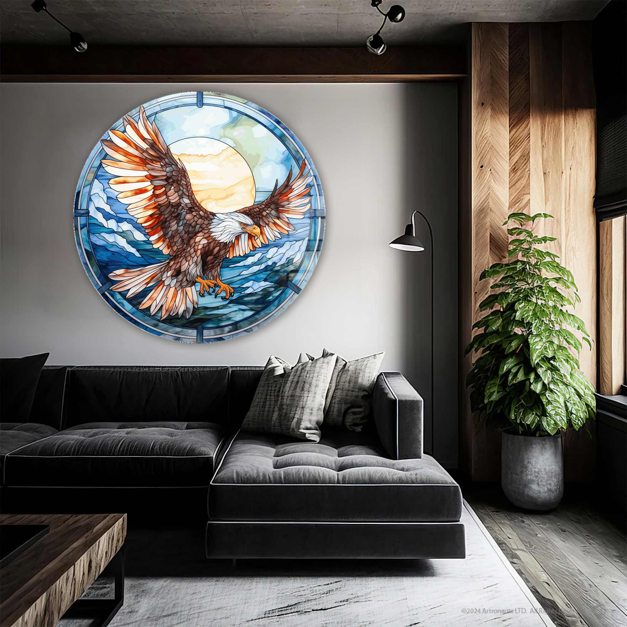 Stained Eagle Rounded Glass Wall Art - Handcrafted Decorative Glass Panel for Home & Office Decor - Perfect for Living Room, Bedroom, or Entryway