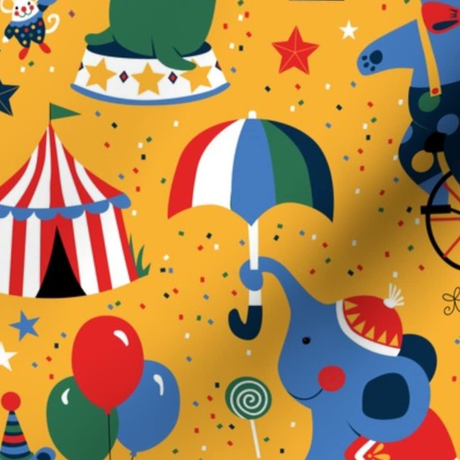Premium Spoonflower Fabric - Circus Animals Bear Monkey Elephant Confetti Print on Petal Signature Cotton - Fat Quarter for Sewing, Quilting, Apparel & Home Decor | Perfect for DIY Crafts, Baby Clothes & Festival-Themed Projects