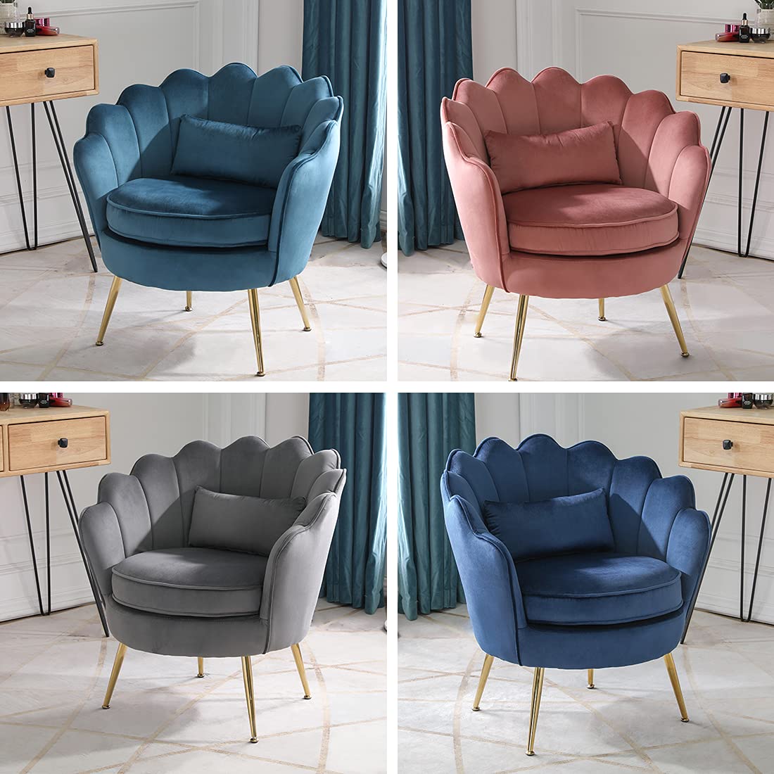 2 Modern Velvet Accent Chairs with Golden Metal Legs - Living Room, Bedroom & Makeup Chair Set - Soft Azure Blue Upholstery - Perfect for Home Decor, Guest Seating & Vanity Areas