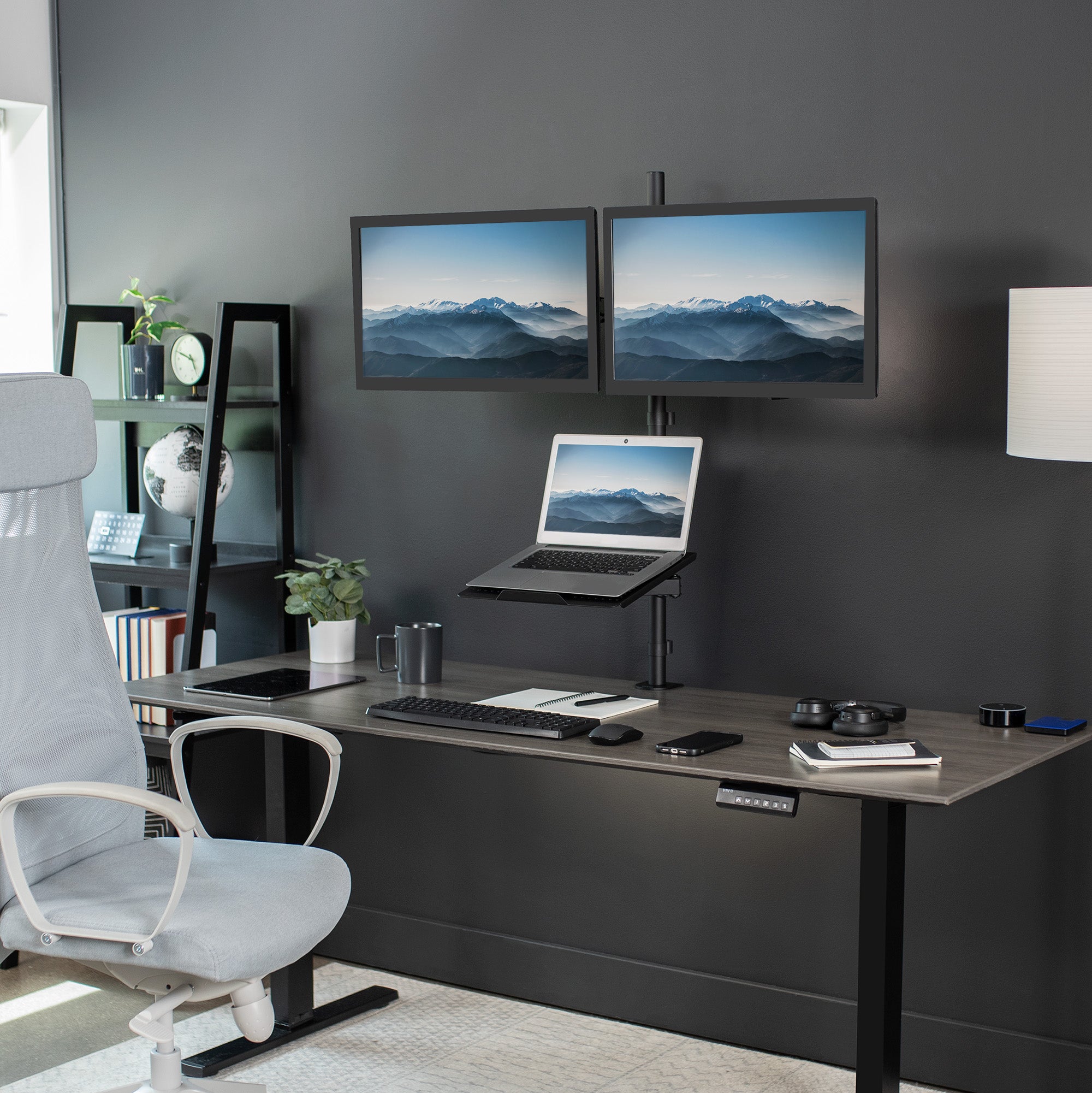 Dual Monitor Stand for 13 to 27 Inch Screens - Adjustable Extra Tall Desk Mount with Laptop Tray - Perfect for Home Office & Gaming Setup