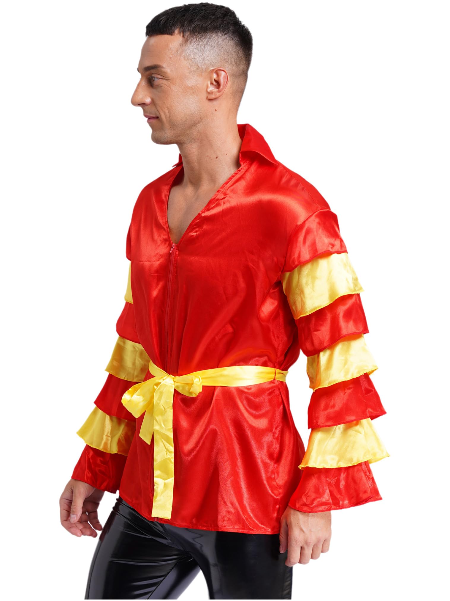 FEESHOW Men's Dance Shirts with Tiered Flare Sleeves & Belt - Rumba Samba Salsa Performance Top | Latin Ballroom Dance Costume for Stage Shows & Competitions