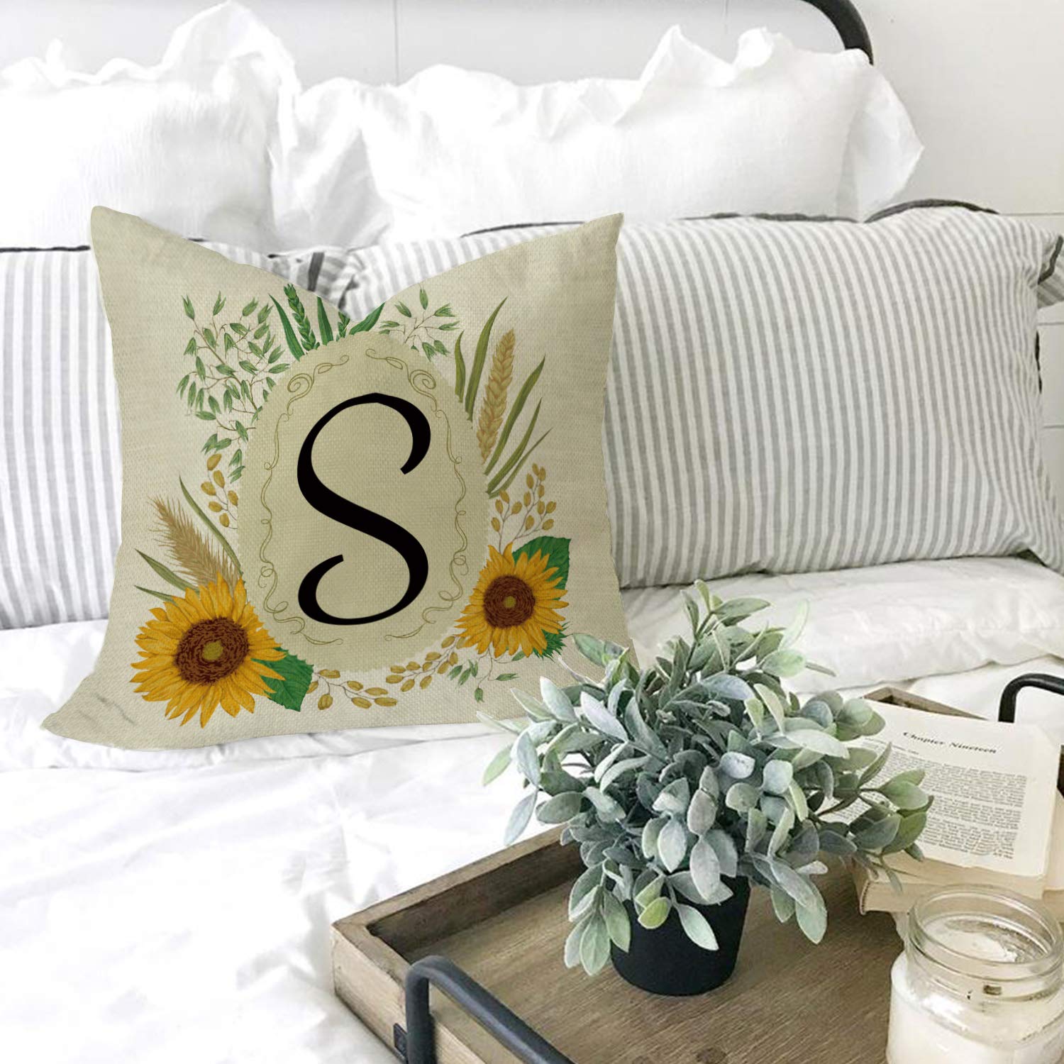 Custom Personalized Summer Spring Throw Pillow Cover - Monogram Initial Name & Family Last Name Sunflower Design - 18x18 Inch Linen Cushion Case for Sofa, Couch, Bedroom Decor - Perfect for Home, Living Room & Gift Giving