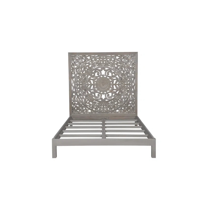 Solid Wood Platform Bed with Hand Carved Details - Gray Dynasty Style - Perfect for Modern and Traditional Bedrooms