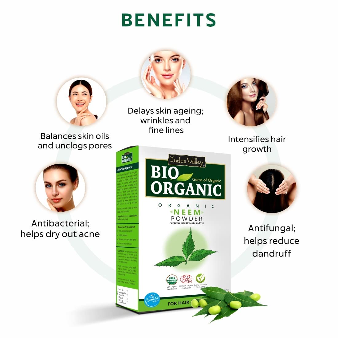 Organic Neem Leaf Powder by INDUS VALLEY | 100% Pure Azadirachta Indica for Skin & Hair Care - Natural Remedy for Acne, Dandruff & Scalp Health with Extra Virgin Olive Oil (100g + 100ml) - Perfect for DIY Face Masks, Hair Treatments & Ayurvedic Massage