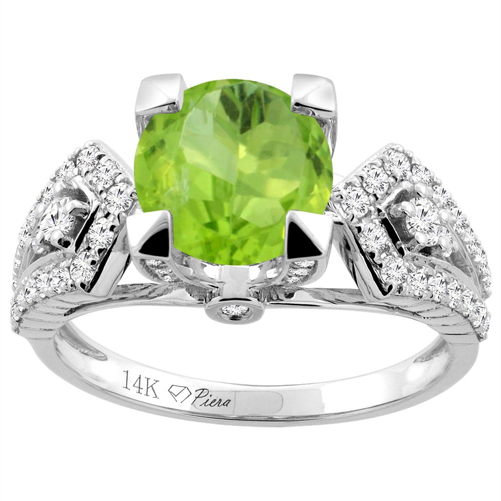 14K Gold Natural Peridot Ring with Round 7mm Diamond Accents - Size 5 to 10 - Elegant Birthstone Jewelry for August, Anniversary & Special Occasion Gifts