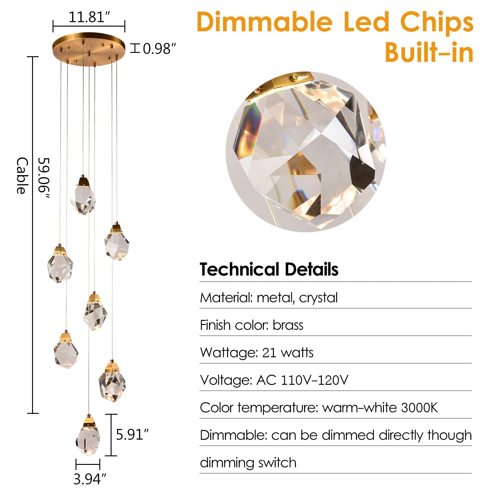 7-Light Modern Brass Crystal Chandelier - 21W Dimmable LED Diamond Pendant Light Fixture for Living Room, Dining Room | Elegant Ceiling Lighting for Home Decor & Special Occasions