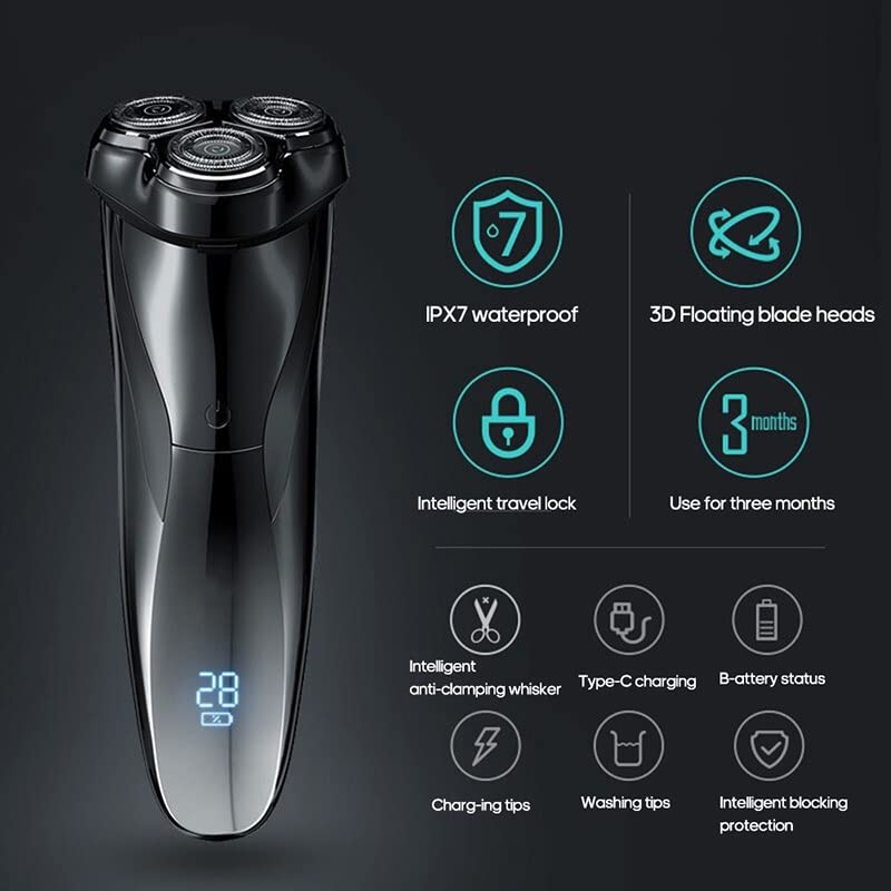 Men's Electric Razor with LCD Power Display - Rechargeable IPX7 Waterproof Shaver for Wet/Dry Use - Full Body Washable Black Electric Razor for Travel, Gym & Daily Shaving