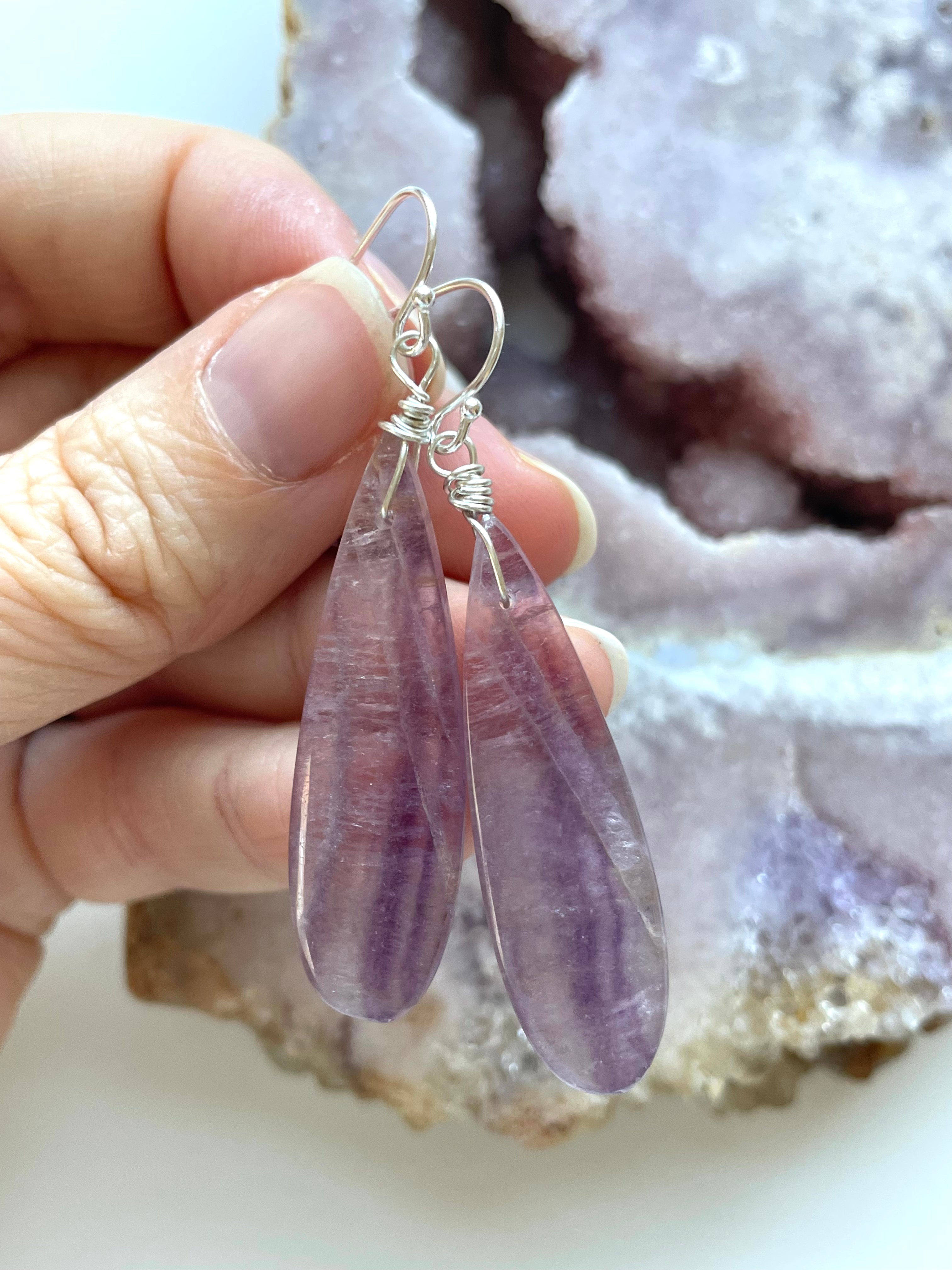 Natural Purple Fluorite Earrings for Women - 925 Sterling Silver Dangle Earrings - Healing Crystal Jewelry for Meditation & Energy Balance