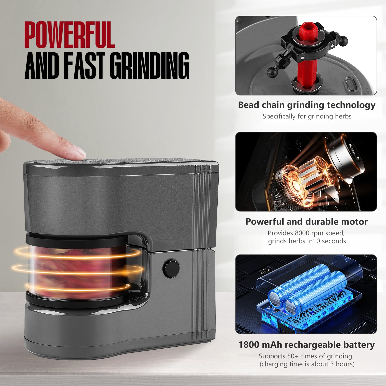 Electric Herb Grinder - Portable 1g Capacity with LED Lights & 1800mAh Battery - Includes 12g Storage Box (Grey) - Perfect for Kitchen, Travel & Outdoor Cooking