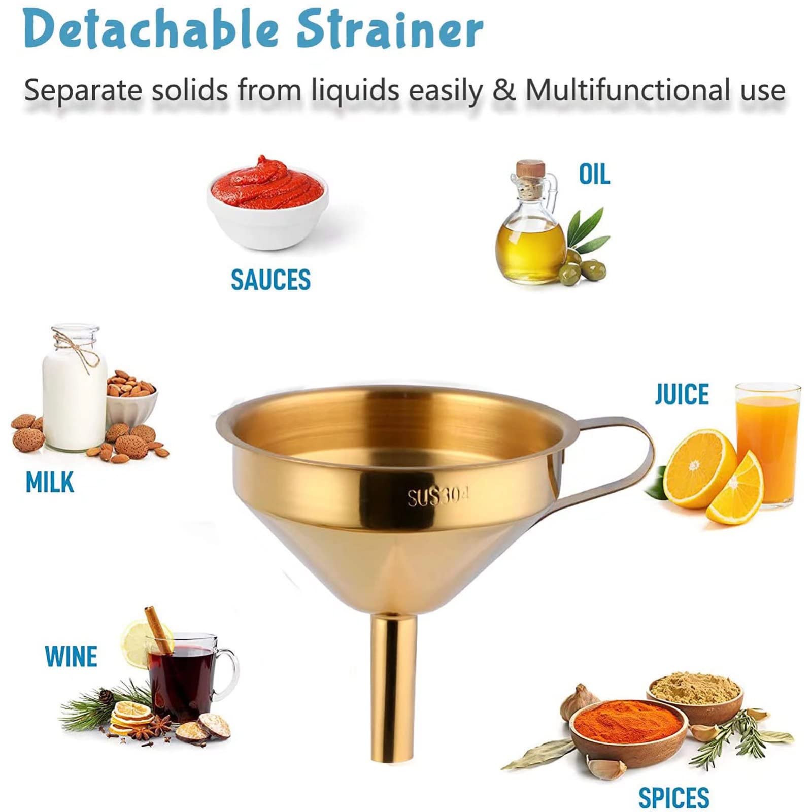 Premium 5-Inch Stainless Steel Kitchen Funnel Set with 2 Detachable Filters & Cleaning Brush - Food Grade Metal Funnel for Liquids, Powders, Oil, Baking, Home Brewing & DIY Projects (Gold)