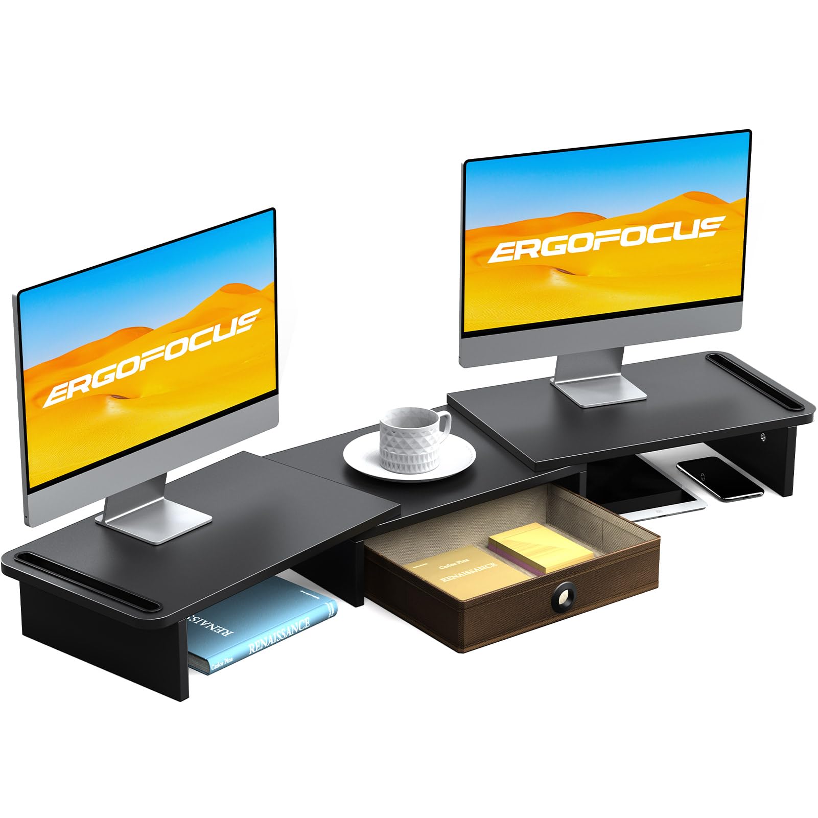 Adjustable Dual Monitor Stand Riser with Storage Drawer - Ergonomic Desk Organizer for 2 Screens, Laptops & Printers - Perfect for Home Office, Gaming Setup & Workspace Organization (Black)