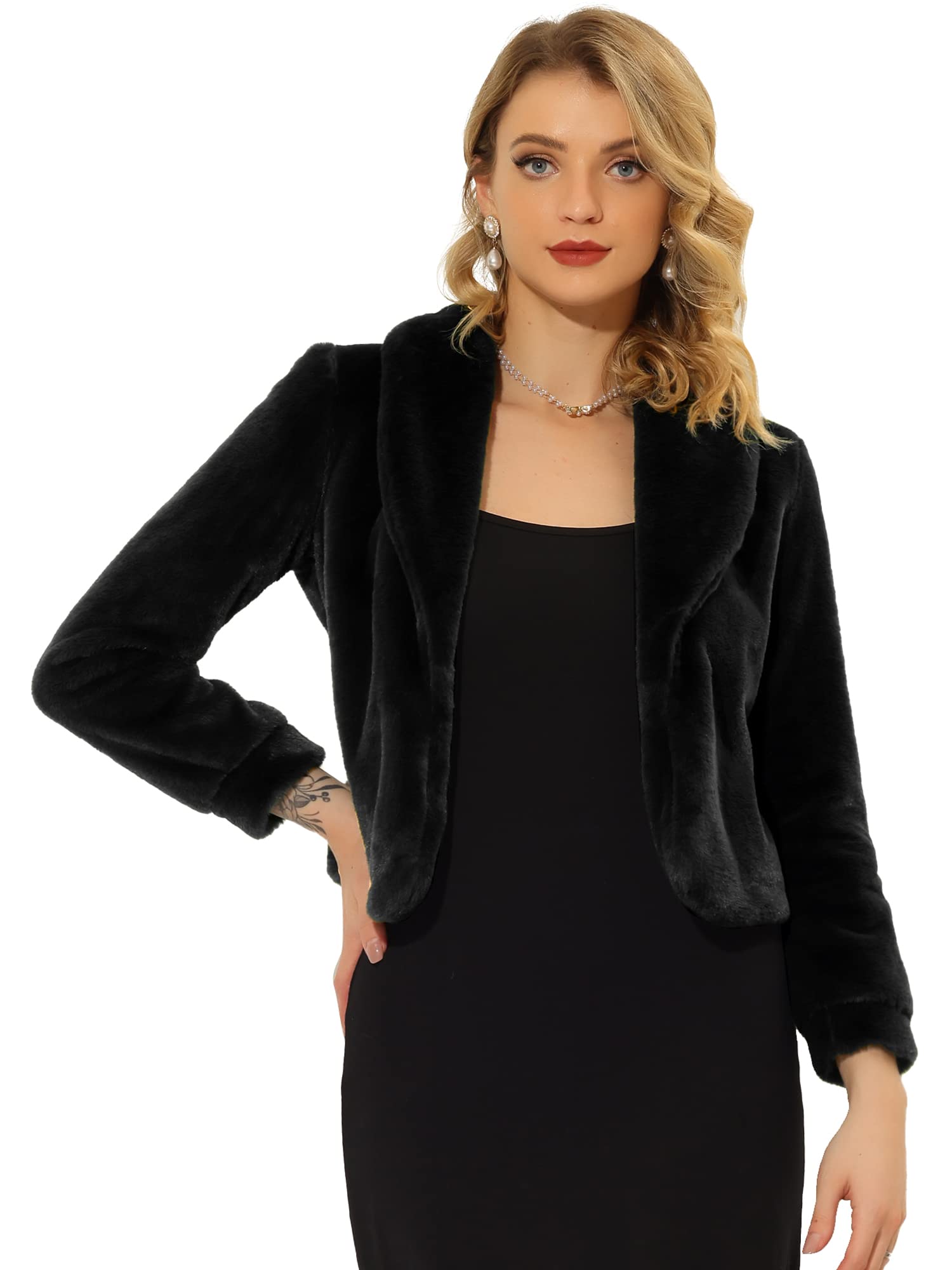 Allegra K Women's 2025 Fashion Winter Cropped Faux Fur Jacket - Lapel Long Sleeve Fluffy Coat for Casual Outings & Holiday Parties