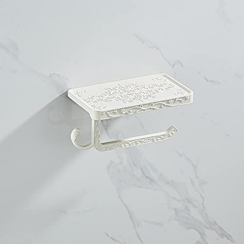 White Antique Aluminum Toilet Paper Holder with Shelf - Wall Mount Bathroom Tissue Roll Dispenser & Phone Holder - Space Saving Bathroom Hardware Set for Modern Homes (Color: White) - Perfect for Small Bathrooms, Apartments, and Powder Rooms