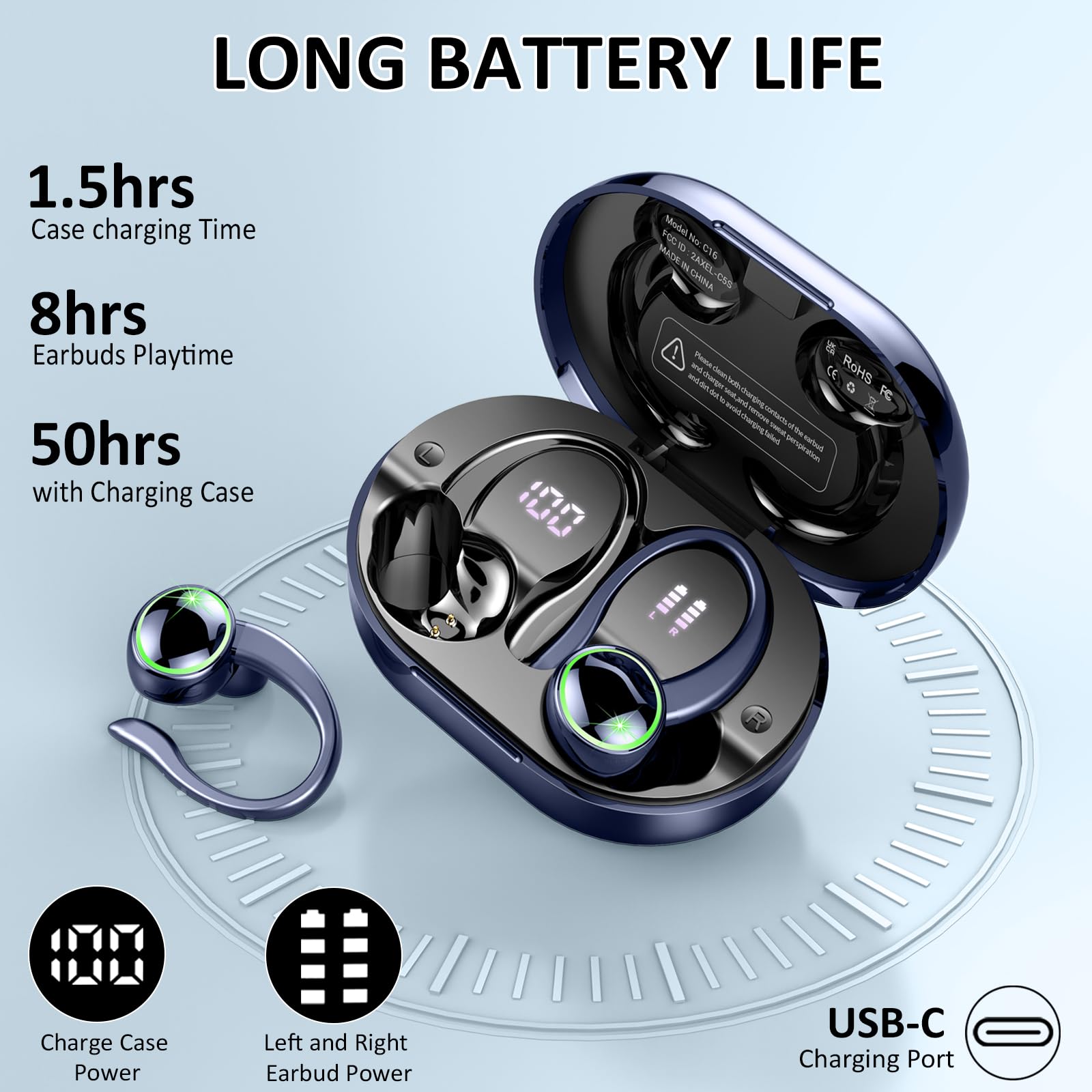 Wireless Bluetooth 5.3 Earbuds with ENC Noise Cancelling Mic - 50H Playtime HiFi Stereo Sports Earphones, IP7 Waterproof Over-Ear Headset with Secure Earhooks for Running, Gym Workouts & Fitness Activities | Perfect for Jogging, Cycling & Outdoor Sports