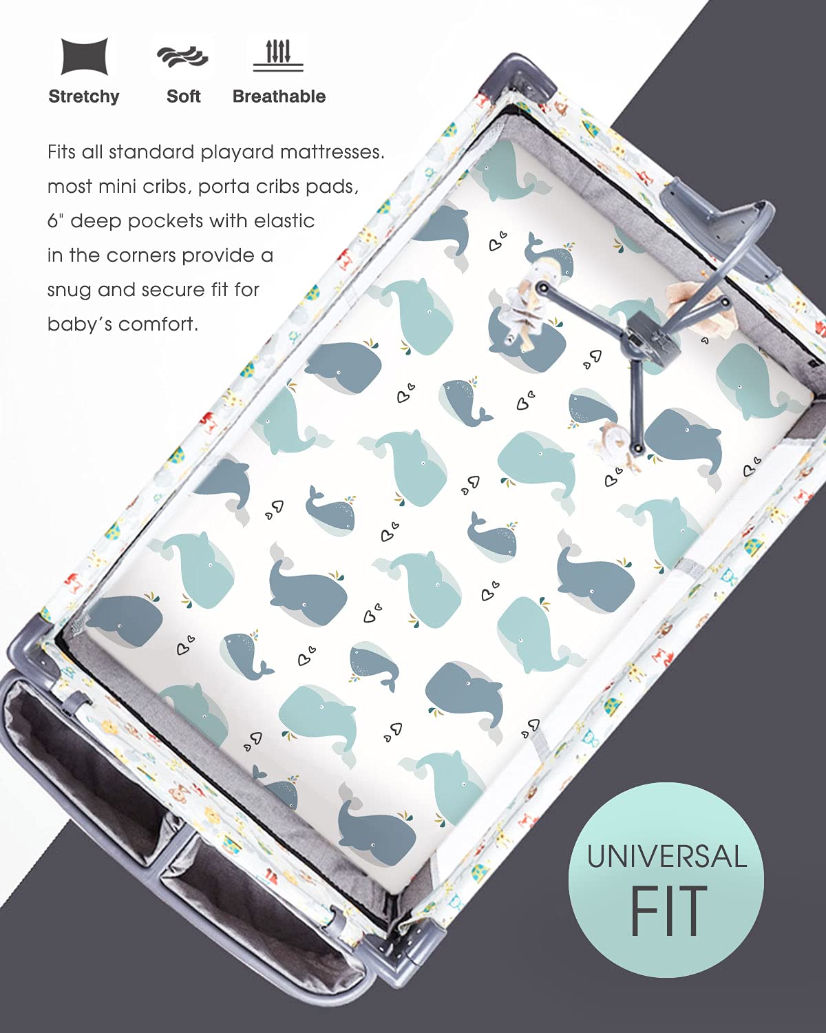 GRSSDER 2-Pack Stretchy Ultra Soft Jersey Knit Fitted Pack n Play Sheets - Universal Fit for Mini Cribs & Playards - Cute Whale Design for Boys & Girls - Perfect for Nursery, Daycare & Travel Use