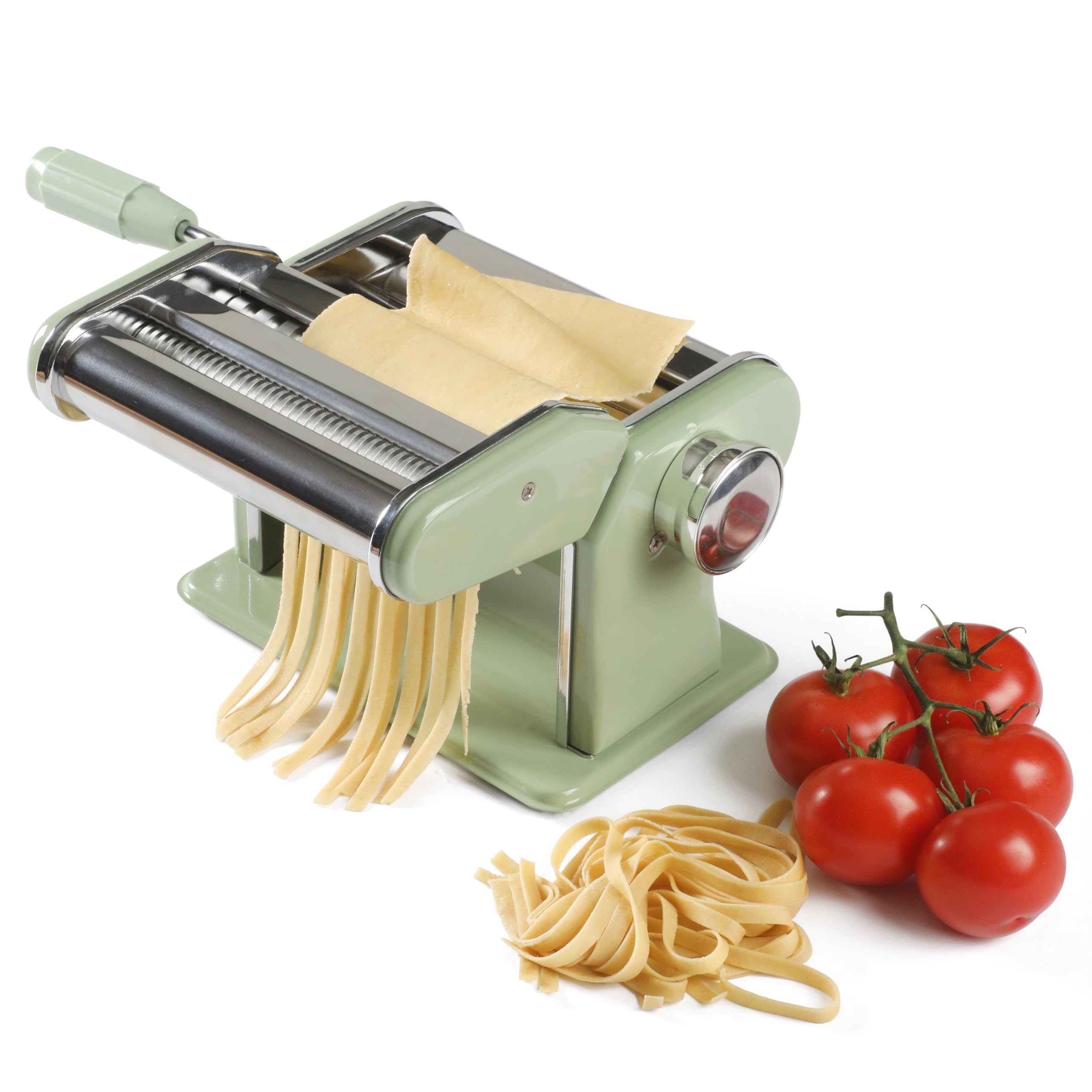 Sur La Table Manual Pasta Maker Machine - Stainless Steel & Juniper Green Noodle Maker with Rollers & Cutters for Spaghetti, Fettuccini, Lasagna & Dumpling Skins | Perfect for Home Cooking, Italian Cuisine & Family Meal Preparation