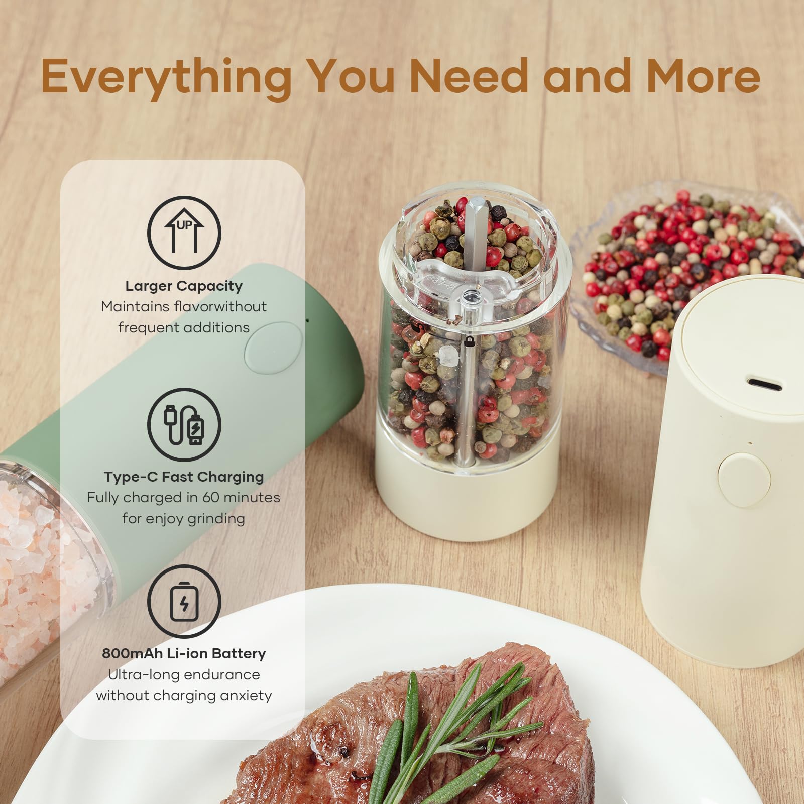 Premium Electric Salt & Pepper Grinder Set (2 Pack) - USB Rechargeable Battery, Adjustable Coarseness, One-Hand Operation with LED Light - Automatic Spice Mill for Kitchen, Dining Table, Camping & Outdoor Cooking | Perfect Gift for Home Chefs