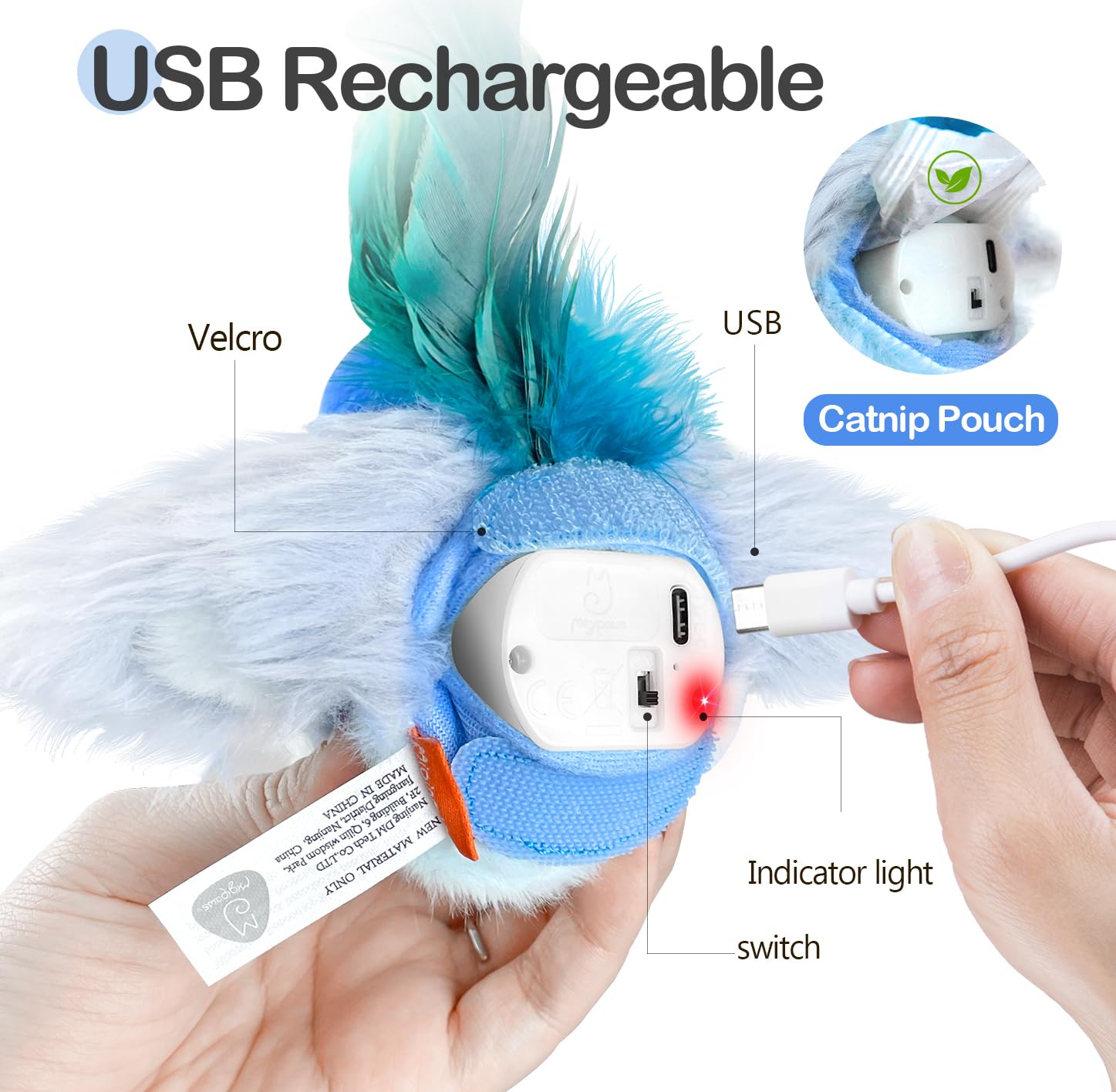 Migipaws Interactive Cat Toys with Catnip - Lifelike Robin Flying Flapping Bird Toy with Feathers & Elastic String, Automatic Chirping Kitten Toys for Indoor Cats - Rechargeable (Blue) | Perfect for Solo Play, Exercise & Stimulation
